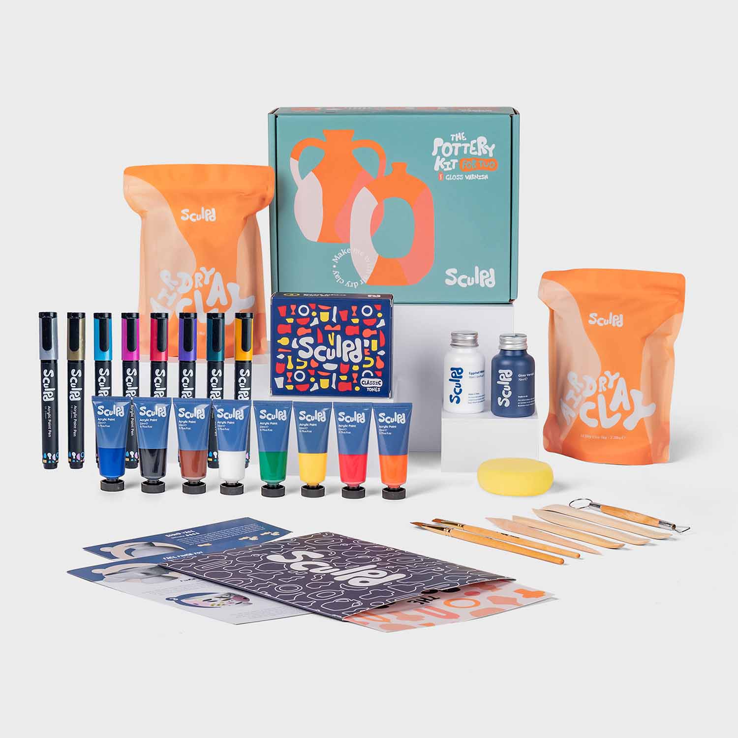 Sculpd pottery kit for two with classic paints, and metallic pens set