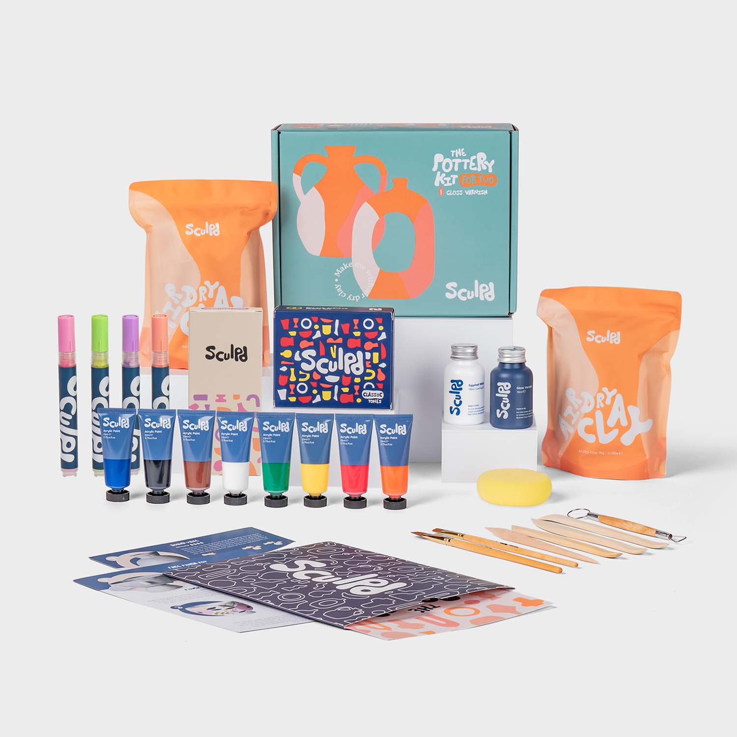 Sculpd pottery kit for two with classic paints, and modernist pens set