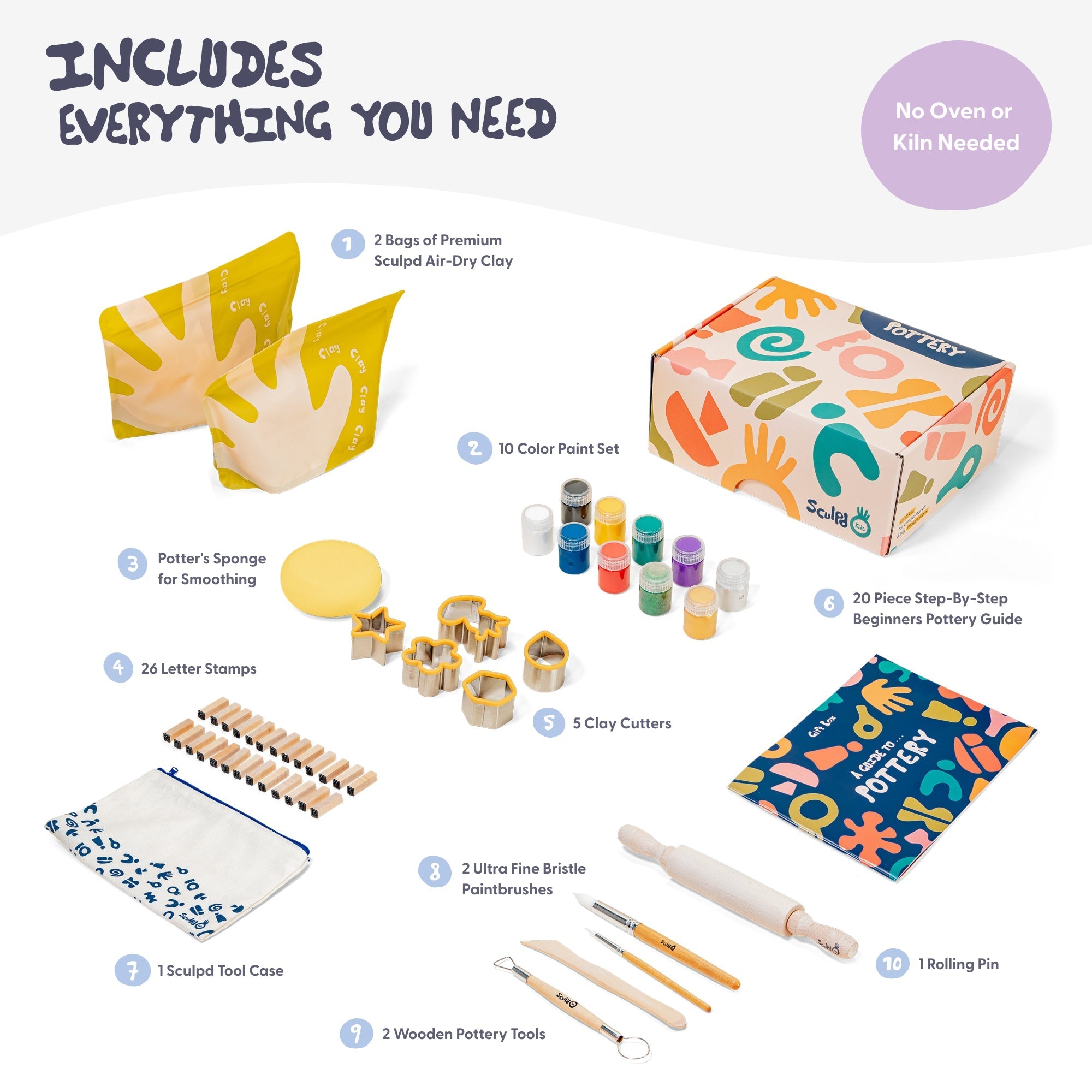 Includes everything you need with Sculpd kids pottery kit