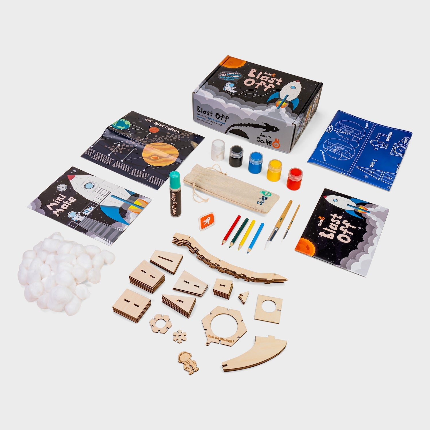 Everything you need to build a rocket with with Sculpd kids blast off kit