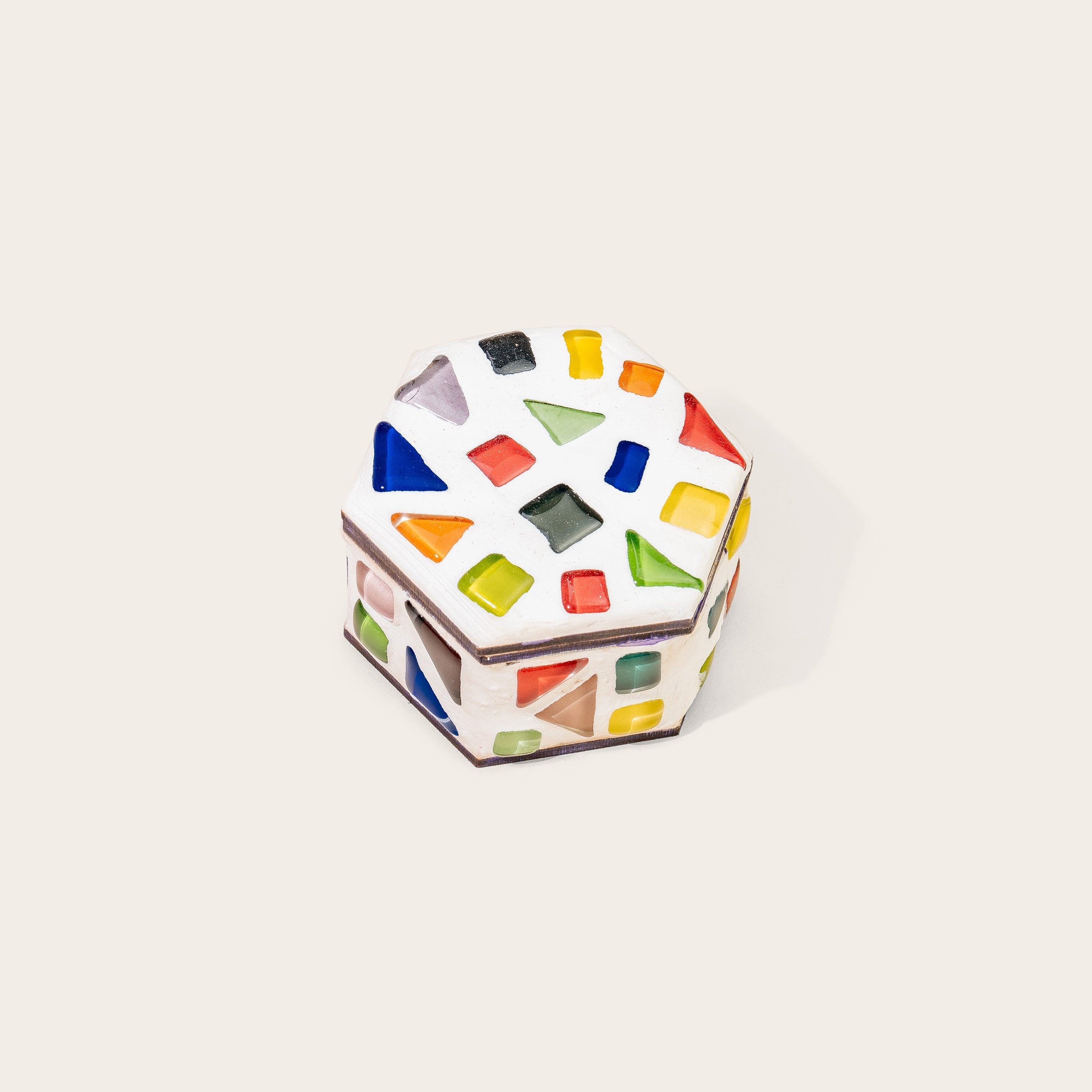 Colorful geometric jewelry box with Sculpd kids mosaic kit