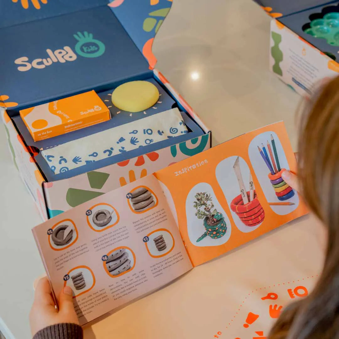 Inspo guide book with Sculpd kids pottery kit